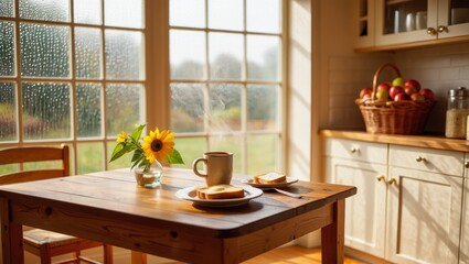 Morning coffee and sunflowers cozy kitchen food image bright environment close-up comfort and serenity