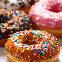 Close-up of colorful glazed donuts with sprinkles