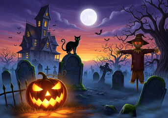 Halloween Night: Haunted Mansion, Jack-o'-Lantern, Black Cat, and Scarecrow in a Spooky Graveyard