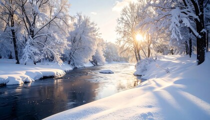 A winter river scene. Snow covers the trees and banks. The sun shines brightly. Ice partially covers the flowing water