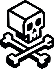 Vector isometric skull and crossbones icon in black and white with bold outline design style