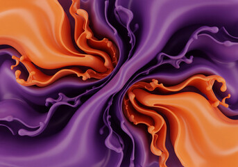 Vibrant Orange and Purple Fluid Splashes Merging: Dynamic Abstract Background with Glossy Waves and Swirls