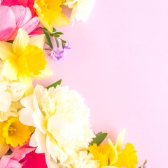 Fototapeta premium Spring flowers arranged on a pink background