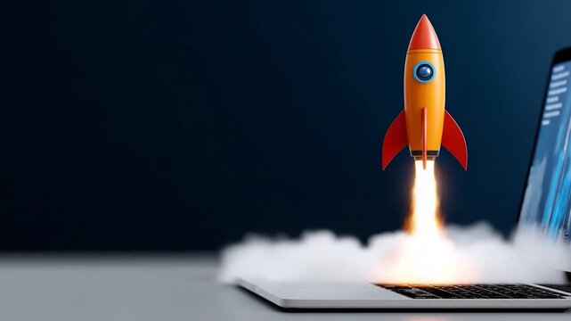 Rocket launching from laptop screen. Future, technology, digital