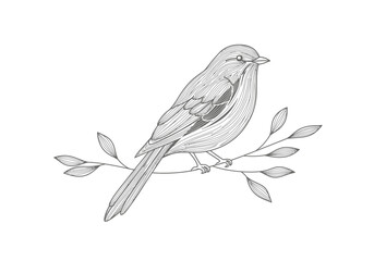 A stylized bird illustration perched on a leafy branch depicted in detailed line art