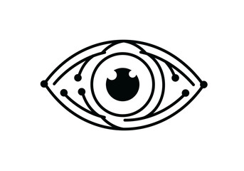 Black line art shows an eye shape with geometric patterns dots and simple circular elements