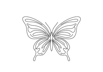 Black line drawing of a butterfly with detailed wing patterns