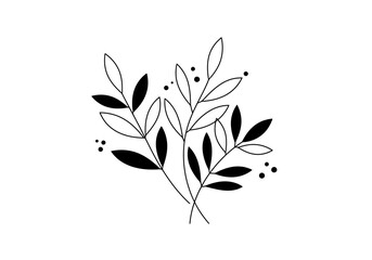 Black  white line art three leafy stems with some leaves colored in surrounded by small dots