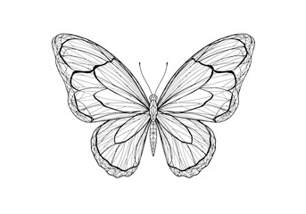 Blacklined butterfly drawing with detailed wing veins on white background
