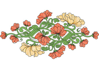 Floral pattern with red  yellow flowers green stems art nouveau style  textured effect