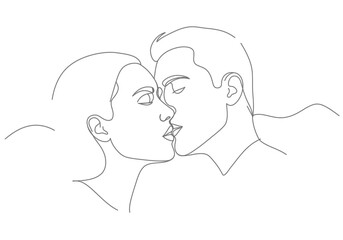 Line art depicting two people kissing their faces close creating a simple and intimate portrait