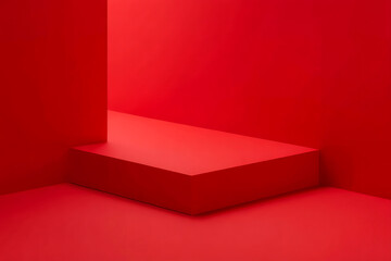 Minimalist red podium in a stark red room corner