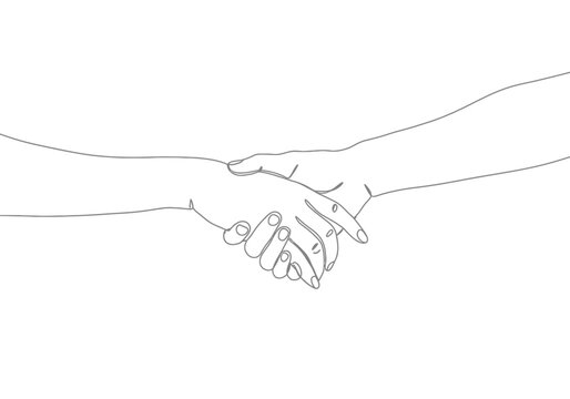 Two hands are shown interlaced in a handshake or holding hands in a simple sketch