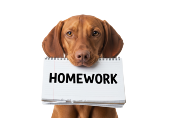 A young vizsla dog with a sleek reddish-brown coat holding a crinkled 'HOMEWORK' notebook in its mouth, looking guiltily at camera on white background. Humorous "dog ate my homework" concept
