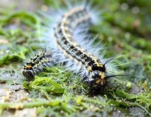 Two fuzzy caterpillars on wet seaweed