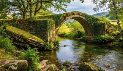 Fototapeta premium Ancient Stone Arch Bridge Over Calm River – Lush Greenery, Moss-Covered Rocks, Serene Countryside, Historic Nature Scene