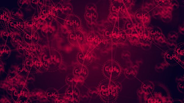 Abstract red benzene molecular structure floating in a dark chemical network background.