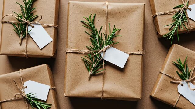 Rustic gift wrapping with brown paper and greenery for a natural holiday aesthetic