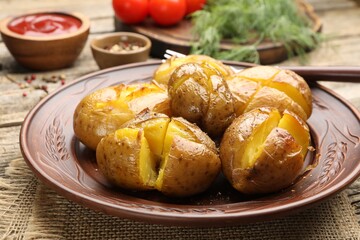 Tasty baked potatoes with ground black pepper and burlap cloth on wooden table, closeup