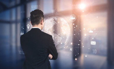 Global AI-powered digital network ecosystem connecting data, finance, analytics, ecommerce, communication, and automation across continents through technology and cloud Vouch