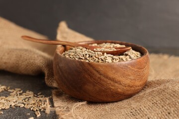 Rye grains in bowl and spoon on grey table, closeup