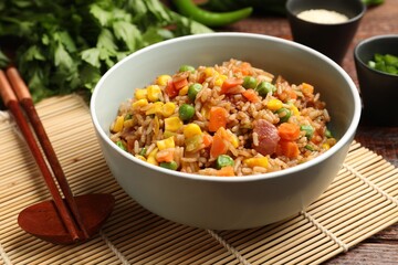 Tasty fried rice in bowl on wooden table, closeup