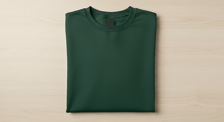 Mockup of a folded dark green tshirt lies on a light wooden surface, presented flat for commercial usage