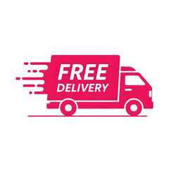 Pink delivery truck with free delivery text isolated on transparent background.