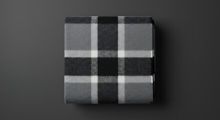 Mockup of folded gray and black plaid scarf or blanket on a dark gray background, top view for commercial usage