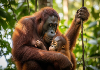 Fototapeta premium Close-up of orangutan mother hugging baby tenderly in forest with warm golden light, symbol of love and conservation