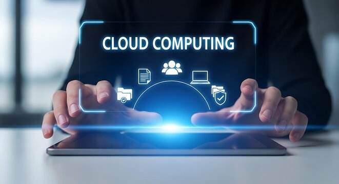 Person using tablet with cloud computing hologram data storage, online safety, file management, and digital transformation concept technology solution for business and personal use