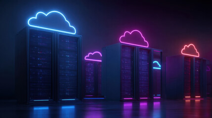 Fototapeta premium Neon Cloud Computing Servers, a futuristic data center with glowing racks and digital network