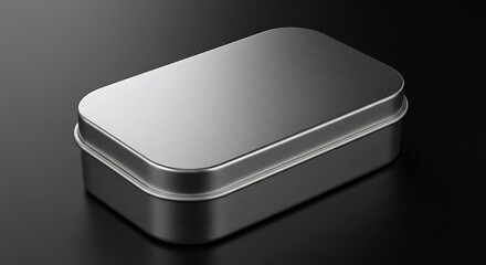 Mockup of a sleek, rectangular brushed metal tin box with rounded edges sits on a dark, reflective surface for commercial usage