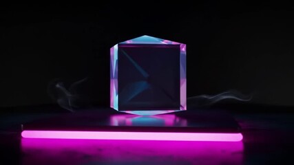 Geometric prism with vibrant neon light and wisps of smoke against a dark background - Powered by Adobe