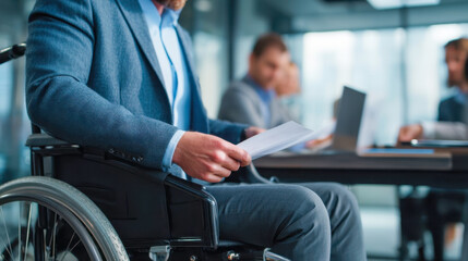 Fototapeta premium Businessman in wheelchair holding documents during office meeting, close-up of inclusive workspace and corporate diversity