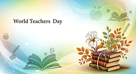 World teachers day celebration with stack of books and blooming flowers illustration