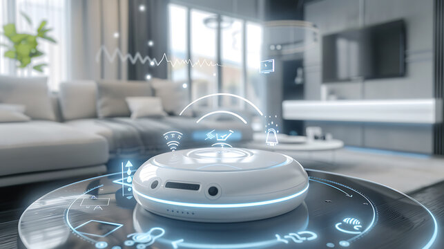 Smart home device with holographic interface in modern living room