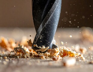 Close-up of drill bit piercing wood (1)