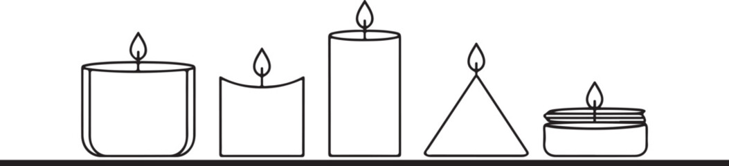 Candles line art vector set illustration. Burning candle flame, light decorative wax pillar, tea light, aromatherapy candle icon 