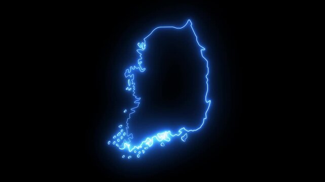 glowing neon South Korea map icon animation on black background. neon glowing South Korea map silhouette. South Korea abstract futuristic concept neon outline map animation.