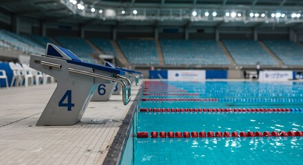 Mockup of empty swimming pool with starting blocks and lanes, ready for competition for commercial usage