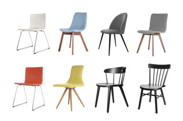 Different chairs isolated on white, set. Stylish furniture
