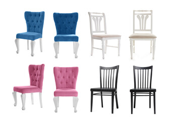 Different chairs isolated on white, set. Stylish furniture