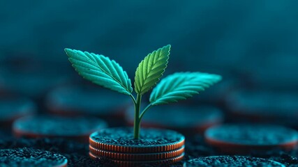 Futuristic pension, plant growing from coins in a digital setting.