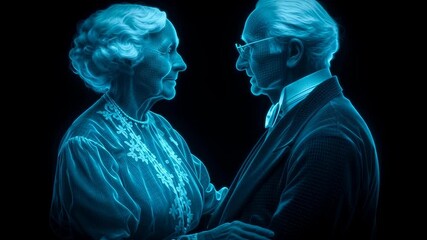Futuristic pension, elderly couple embracing in a holographic style.