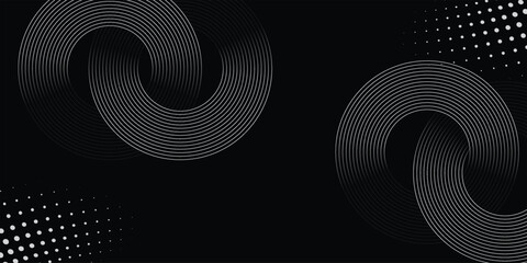 Black abstract background with spiral circle lines, technology futuristic template. eometric pattern black technology background with circles .