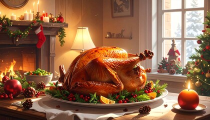 a festive Christmas scene, centered around a roasted turkey on a decorated table. The setting includes a fireplace, Christmas tree, and other holiday decorations