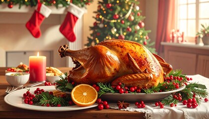 a roasted turkey on a decorated table, set for a festive Christmas meal. A lit candle, Christmas tree, and stockings hanging on the mantelpiece are also visible