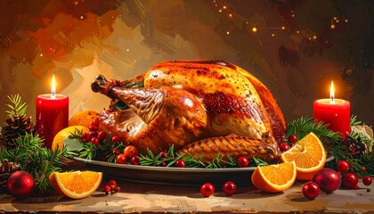 a roasted turkey displayed on a platter, surrounded by festive decorations such as candles, oranges, berries, and greenery. The overall scene evokes a warm, celebratory atmosphere