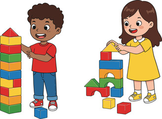 Happy boy and girl playing with colorful building blocks, learning creativity, construction skills, fun indoor educational activity for children.